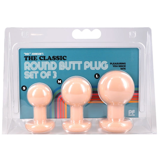 The Classic Round Butt Plug 3 piece set Vanilla packaging front