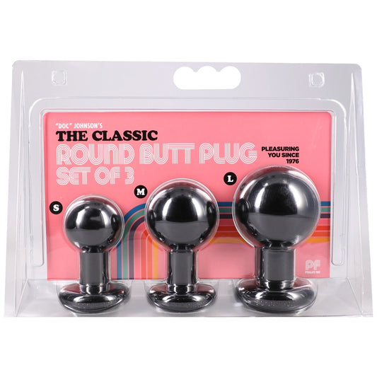 The Classic Round Butt Plug 3 Piece Set Black packaging front