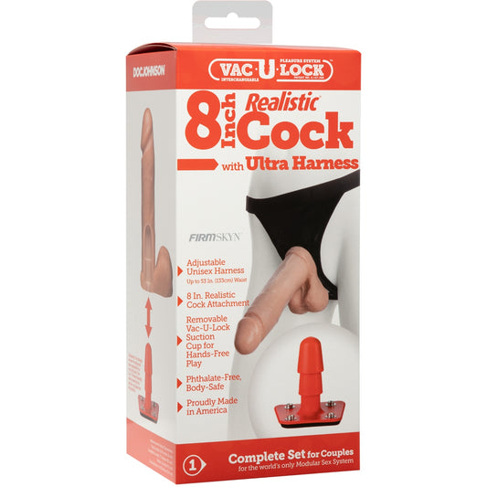 Doc Johnson Realistic Cock with Ultra Harness Vac U Lock White 8in packaging
