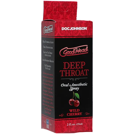 Box of Doc Johnson GoodHead Deep Throat Oral Anaesthetic Spray in Wild Cherry flavour on a white background