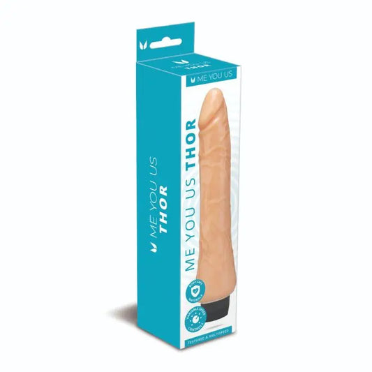 Me You Us Thor Realistic Vibrator 9.6in packaging front and size on a white background