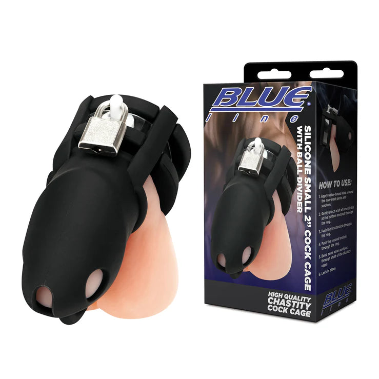 Blueline Silicone Small Cock Cage With Ball Divider Black 2 inch on display model with side by side packaging