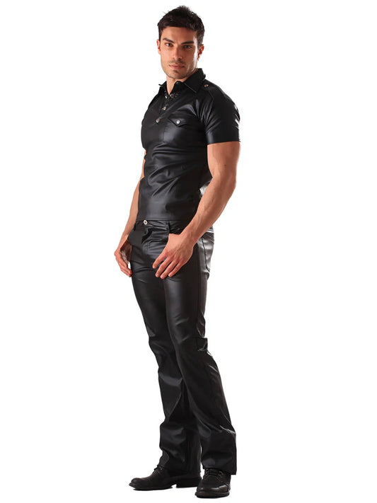 Honour Leatherette Classic Cut Jeans Black full side view of fetish look on model