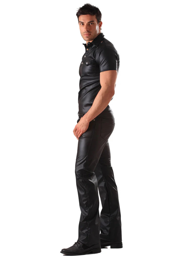 Honour Leatherette Classic Cut Jeans Black left side showing model in full length