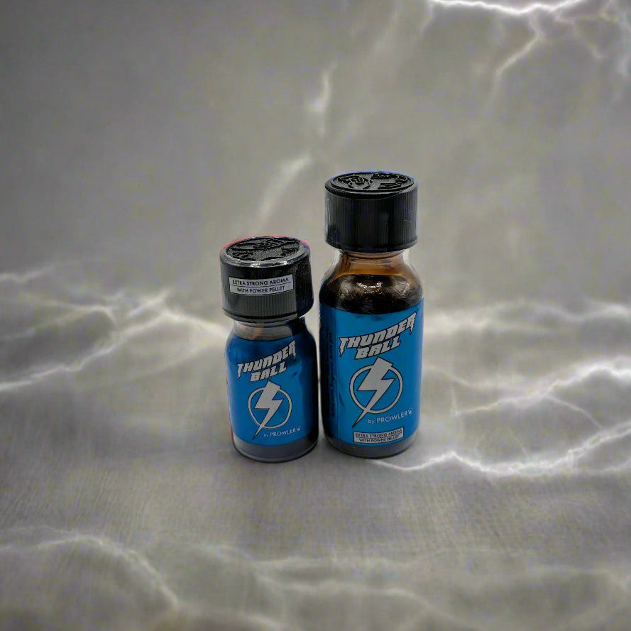 Two bottles of 'Home & Away Thunderball' poppers, one small and one large, placed against a backdrop with lightning graphics.