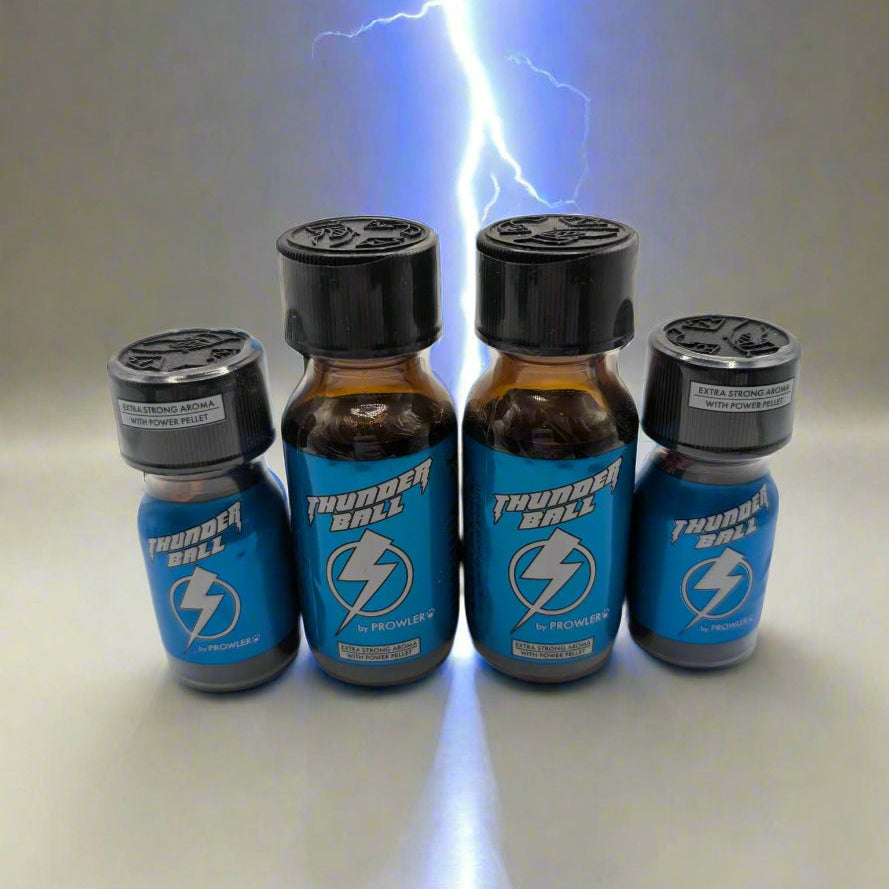Four bottles of Home & Away Thunderball poppers, two smaller and two larger, with a lightning effect in the background.
