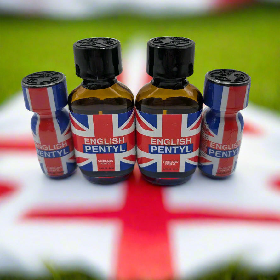 Four bottles of English Pentyl poppers, two with 15ml and two with 24ml, displayed on a surface with a Union Jack pattern.
