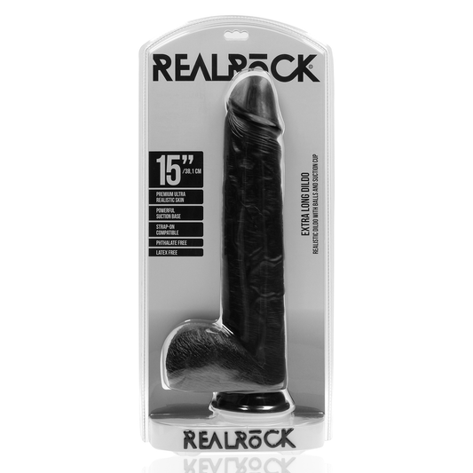 Real Rock Realistic Extra Long Dildo with Balls and Suction Cup Black 15"