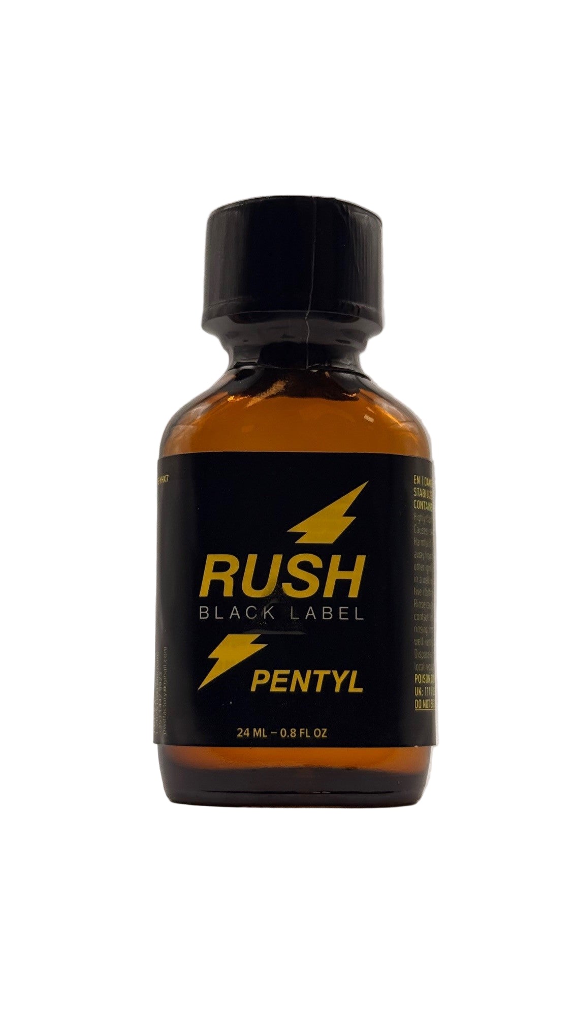 A bottle of Rush Black Label Pentyl Aroma with a capacity of 24ml, featuring a black label with yellow lightning bolts and text.