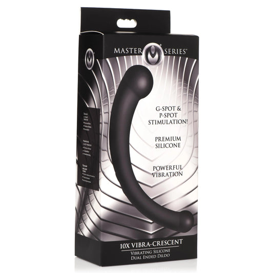 Master Series 10X Vibra-Crescent Vibrating Silicone Dual Ended Dildo packaging front and side on white background