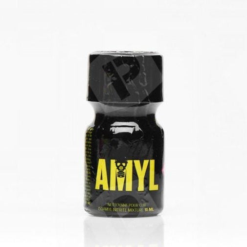 Black and yellow bottle of Amyl poppers leather cleaner 10ml on a white background