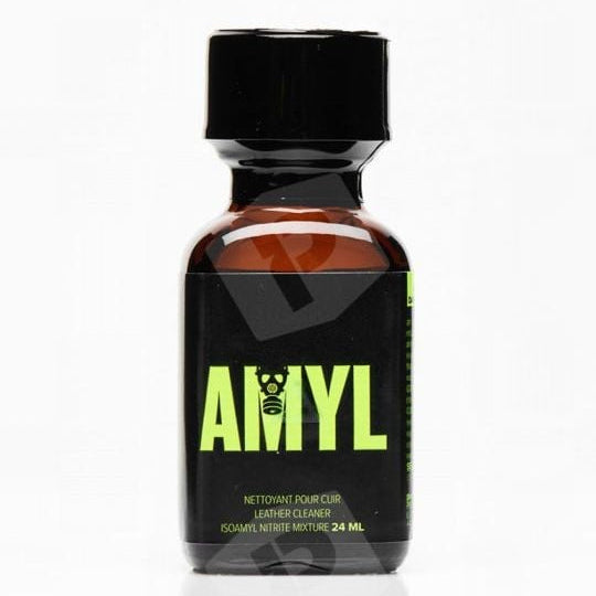 Bottle of AMYL leather cleaner aroma 24ml with black cap and label on a white background