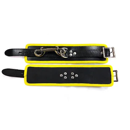 Rouge Plain Leather Wrist Cuffs with Yellow Piping