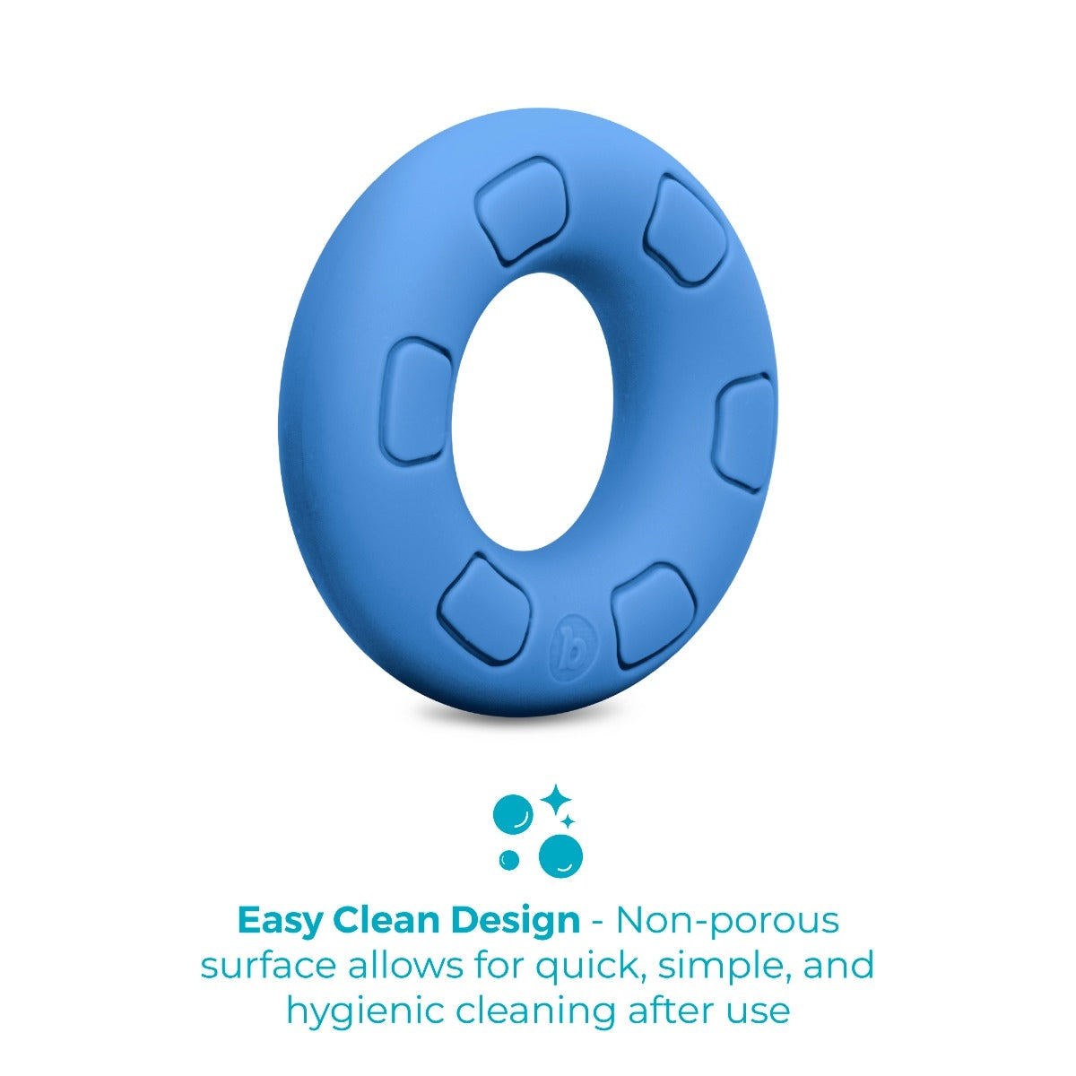 Graphic showing easy clean design of b-Vibe Flex Ring Ultra-Soft Silicone Cock Ring – Blue