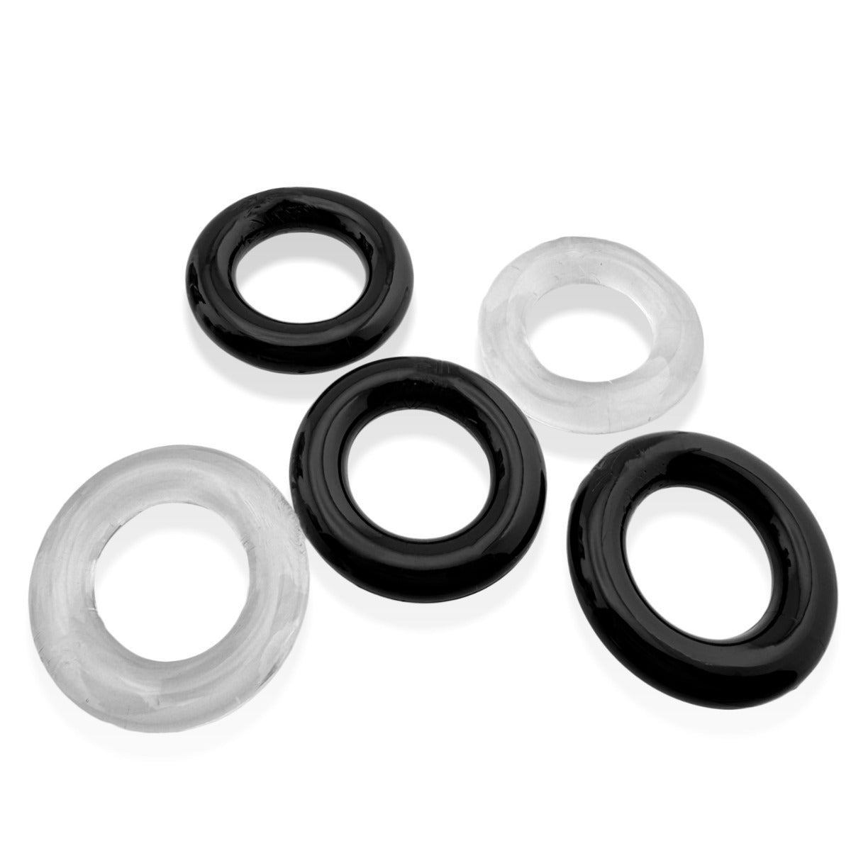 Hünkyjunk Jacker 5-Stack Cock Rings 5-Pack Clear/Black flat against white background
