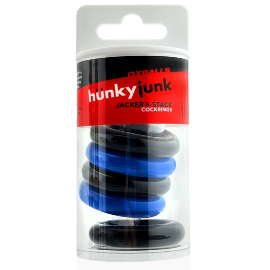 Hünkyjunk Jacker 5-Stack Cock Rings 5-Pack Blue/Black packaging
