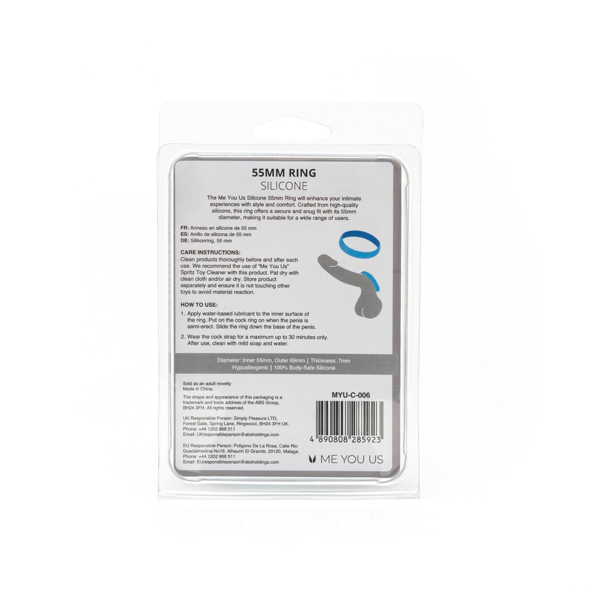 Me You Us Silicone Cock Ring Light Blue 55mm