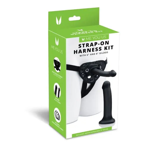 Me You Us Strap-On Harness Kit with 6" & 8" Pegging Dildos front packaging