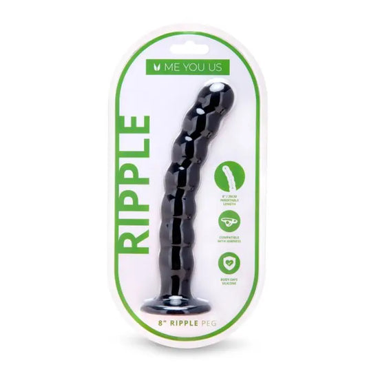 Me You Us Ripple Pegging Dildo Black 8" front packaging