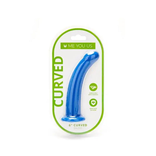 Me You Us Curved Silicone Pegging Dildo Blue 6" front packaging