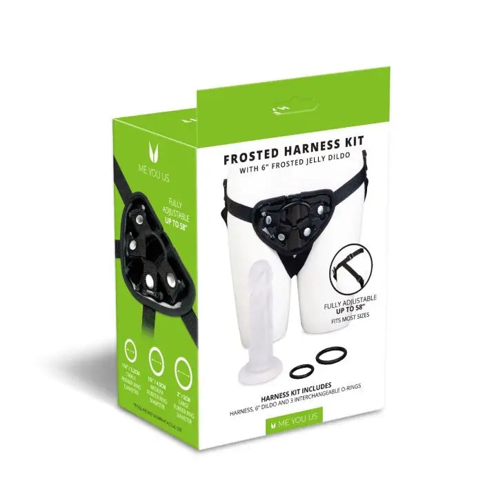 Me You Us Frosted Strap-On Harness Kit reverse and side view of packaging with green and white design on a white background