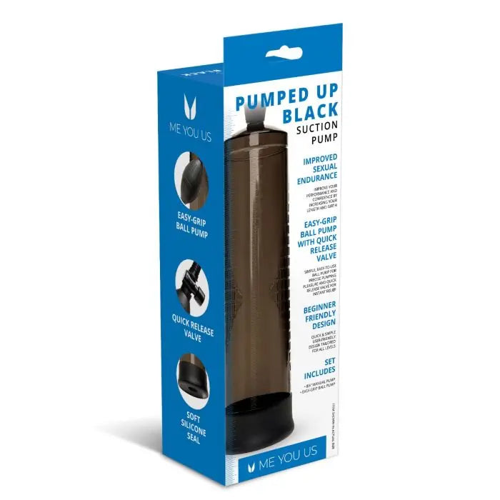 Me You Us Pumped Up Penis Pump Black rear and side packaging