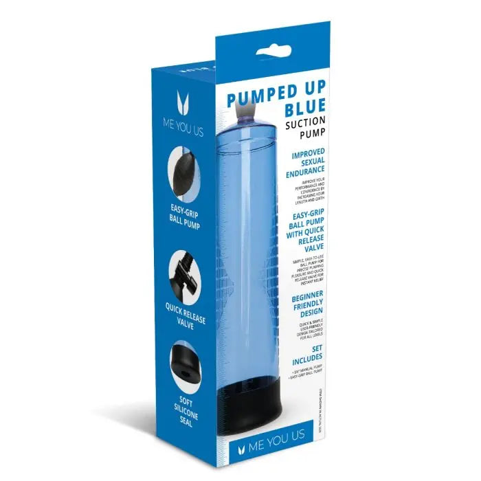 Me You Us Pumped Up Penis Pump Blue rear and side packaging