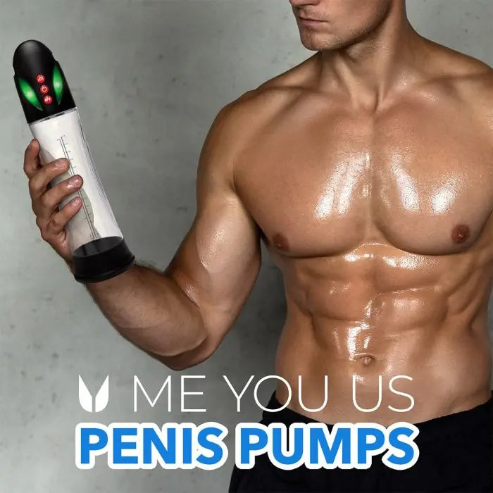 Me You Us Auto Water Suction Penis Pump held by model.