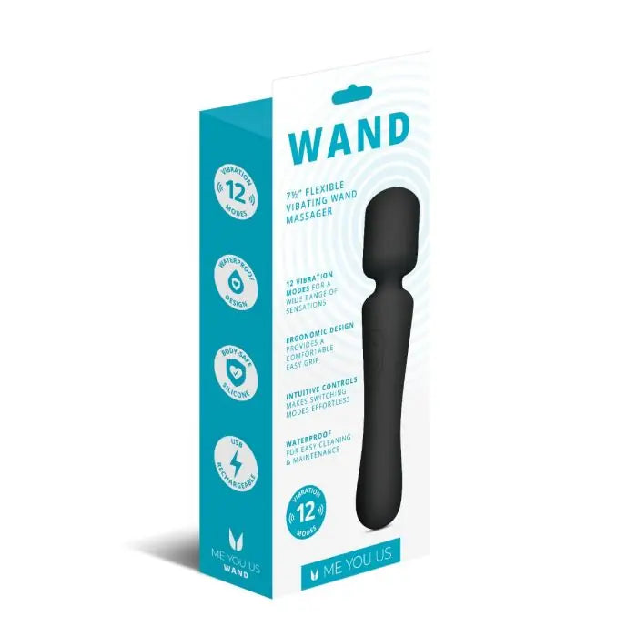 Me You Us Wand Vibrator Black rear and side packaging