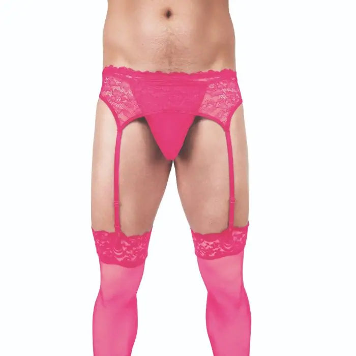 Prowler Male Lace Garter Set and Stockings - Pink | Elegant Lingerie for  Sissy Men