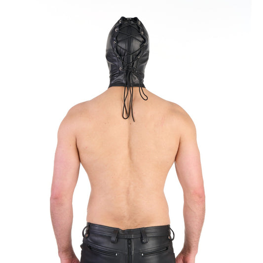 Model wearing Prowler RED Leather Double Hood with Front Zipper rear view