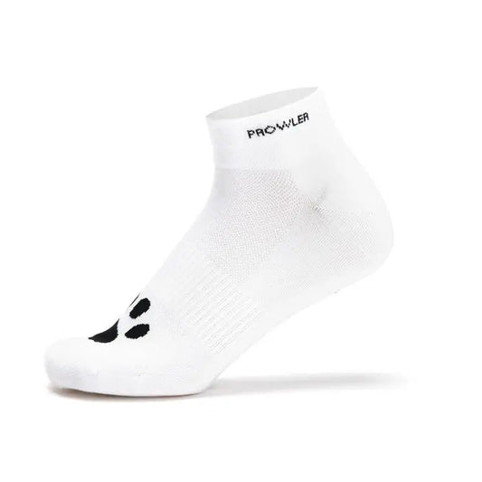 Prowler RED Sniff Ankle Socks side view showing white socks with the Prowler paw logo on the toe section and the Prowler printed at the top.
