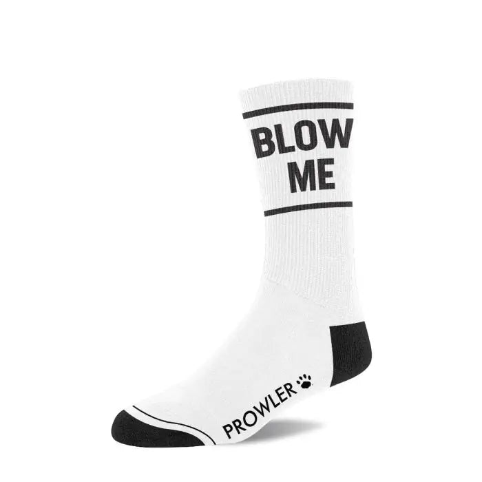 One Prowler RED Blow Me Sock showing a side view of white socks with slogan and logo.