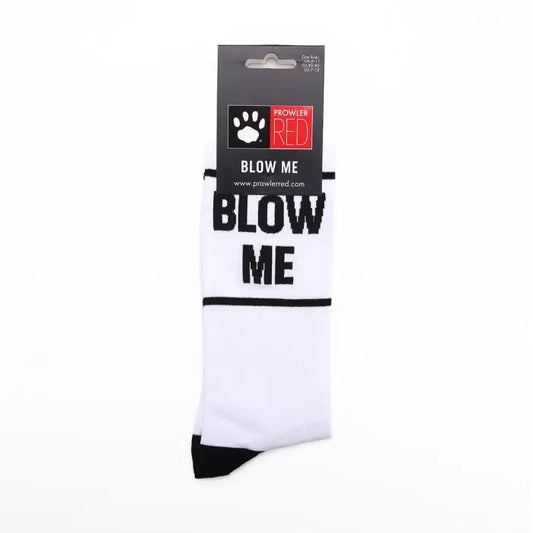 White sock with 'Blow Me' text on a black background, featuring Prowler RED logo on the packaging.