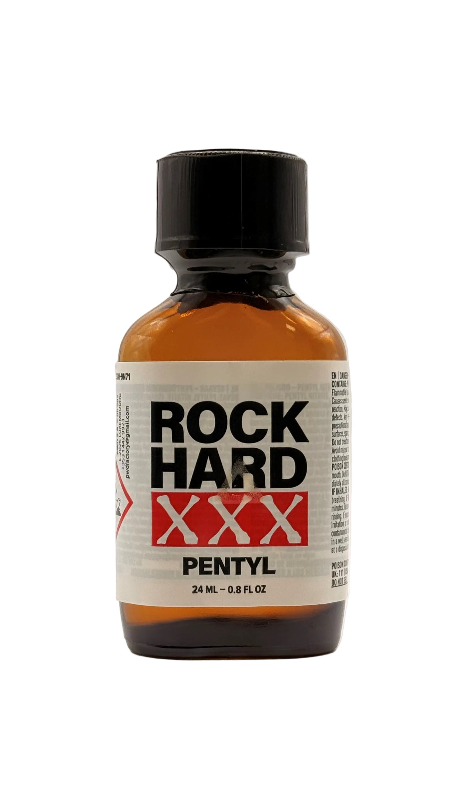 A large 24ml bottle of Rock Hard XXX Pentyl Aroma with a white and red label, cap included.