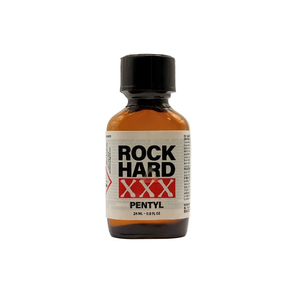 A large 24ml bottle of Rock Hard XXX Pentyl Aroma with a white and red label, cap included.