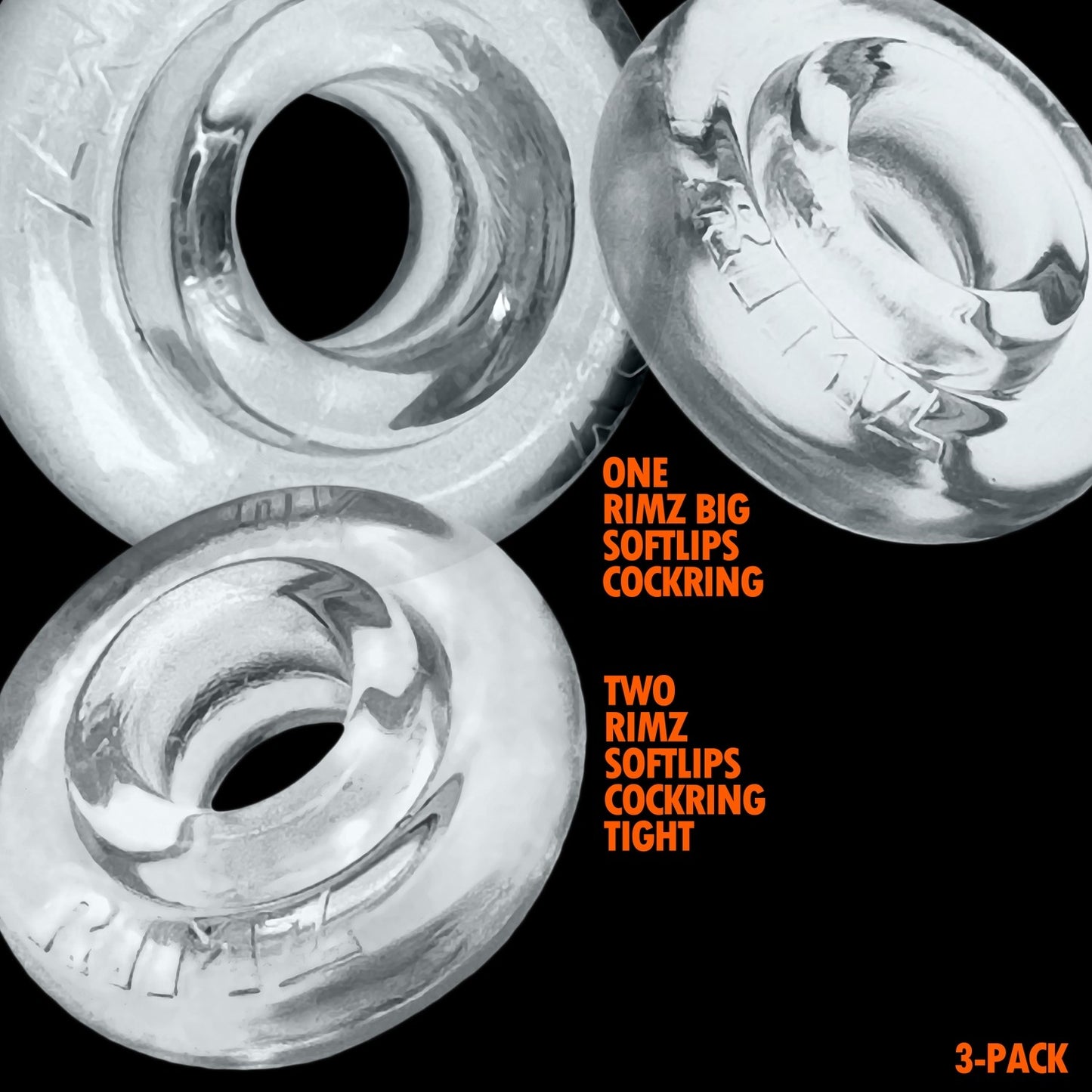 Oxballs RIMRINGZ 3 Pack Cock Rings Clear showing 2 different sizes