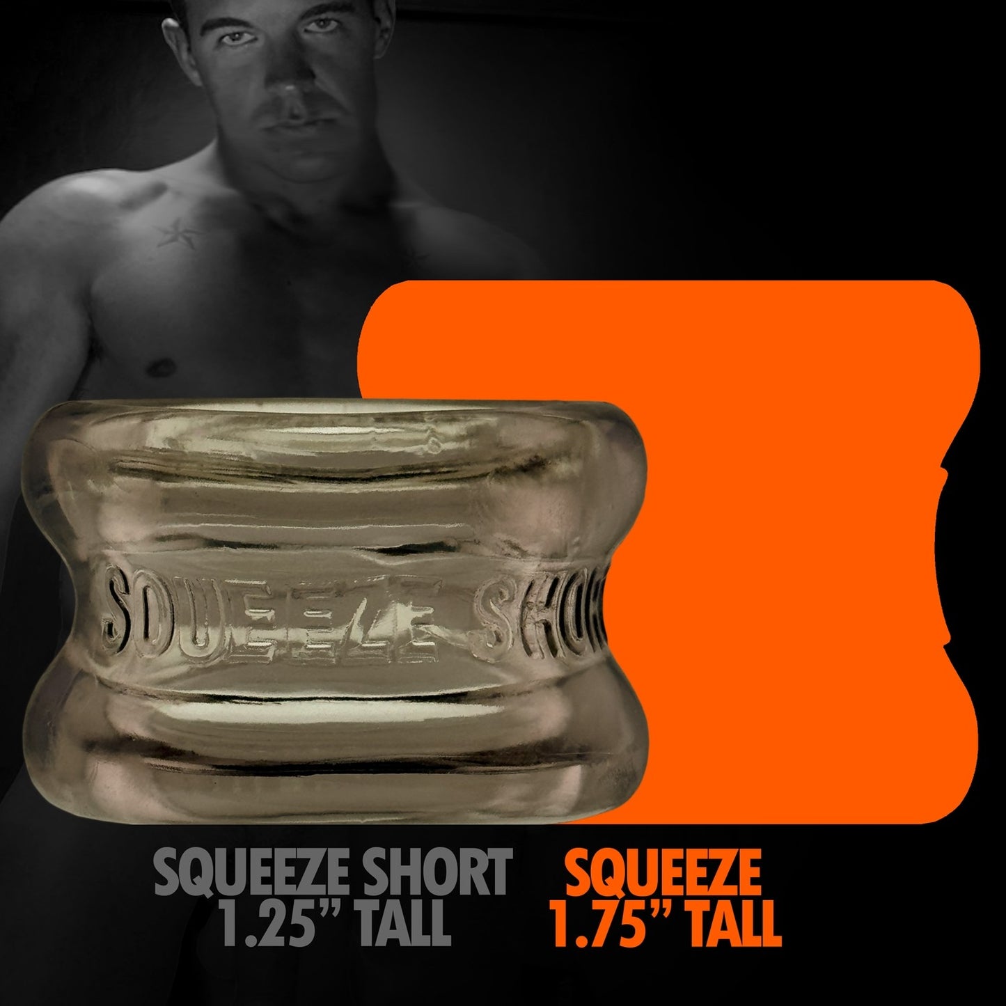 Oxballs SQUEEZE SHORT Ball Stretcher Storm showing comparison in size with Squeeze Tall
