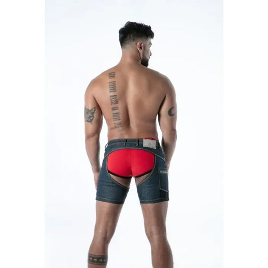 Model wearing TOF Paris Raw Denim Chap Shorts Blue rear view