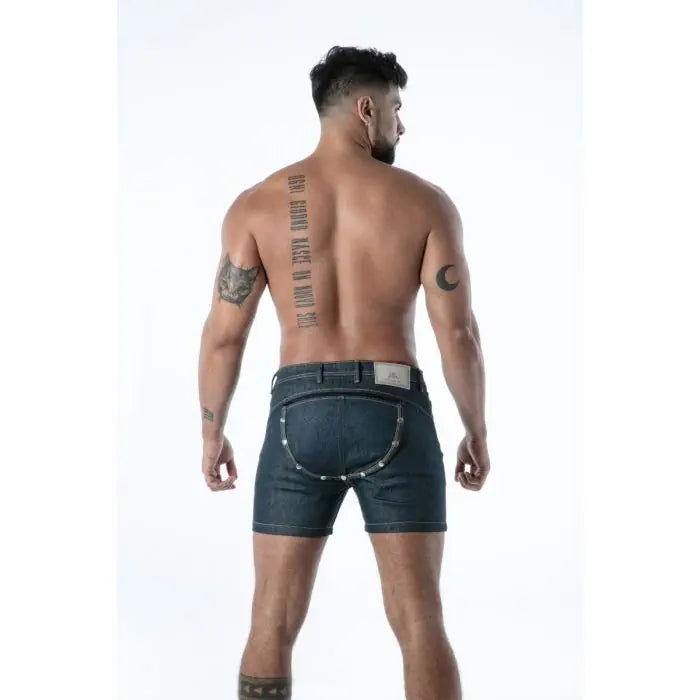 TOF Paris Raw Denim Backless Shorts blue snap-closed rear panel fetish shorts French-made