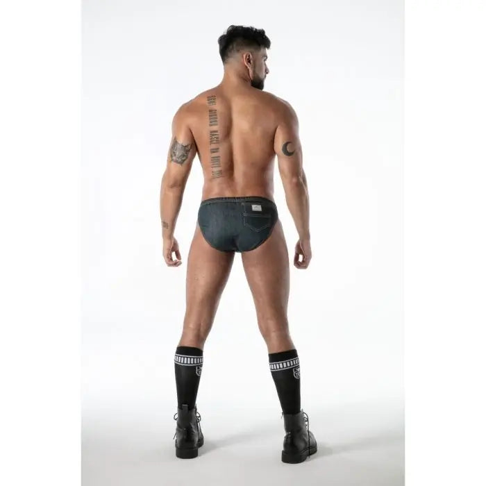 TOF Paris Raw Denim Zipped Bikini Brief blue rear view pocket detail fetish brief French-made
