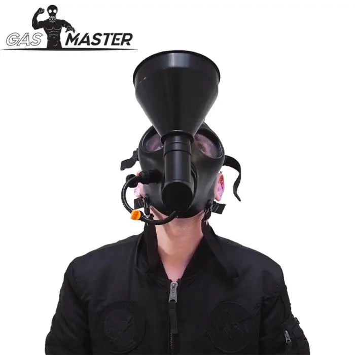 Gasmaster Alien Gas Mask Human Urinal Dosage System attached to Alien Gas Mask. Front view.