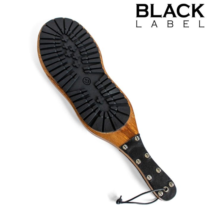 Black Label Wooden Boot Paddle full view of paddle with boot sole texture