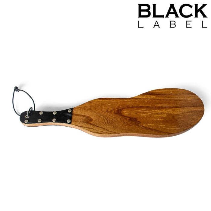 Black Label Wooden Boot Paddle showing wooden detail ready for male BDSM impact play