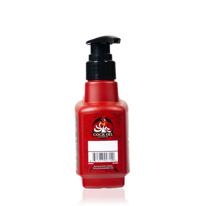 Red bottle of Cock Oil Water Based lube 10oz in plastic pump bottle looking like an oil-can side view.
