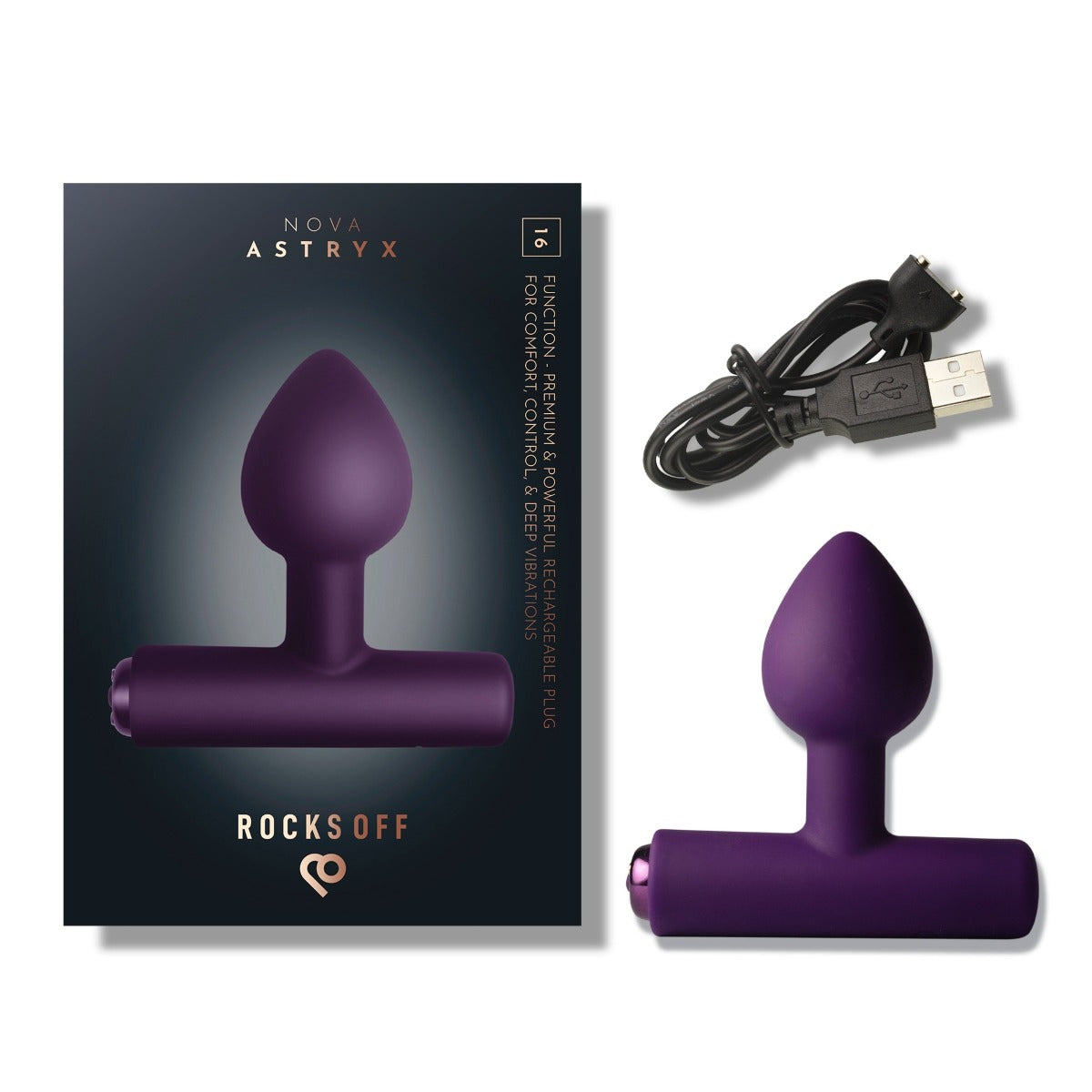 Rocks Off Astryx Rechargeable Plug Purple with packaging and charging cable