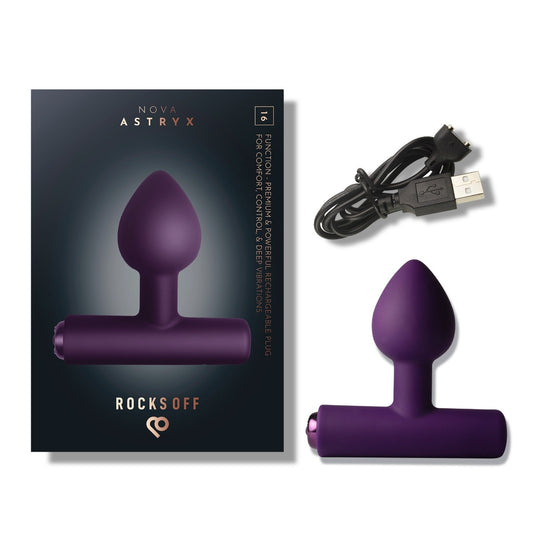Rocks Off Astryx Rechargeable Plug Purple with packaging and charging cable