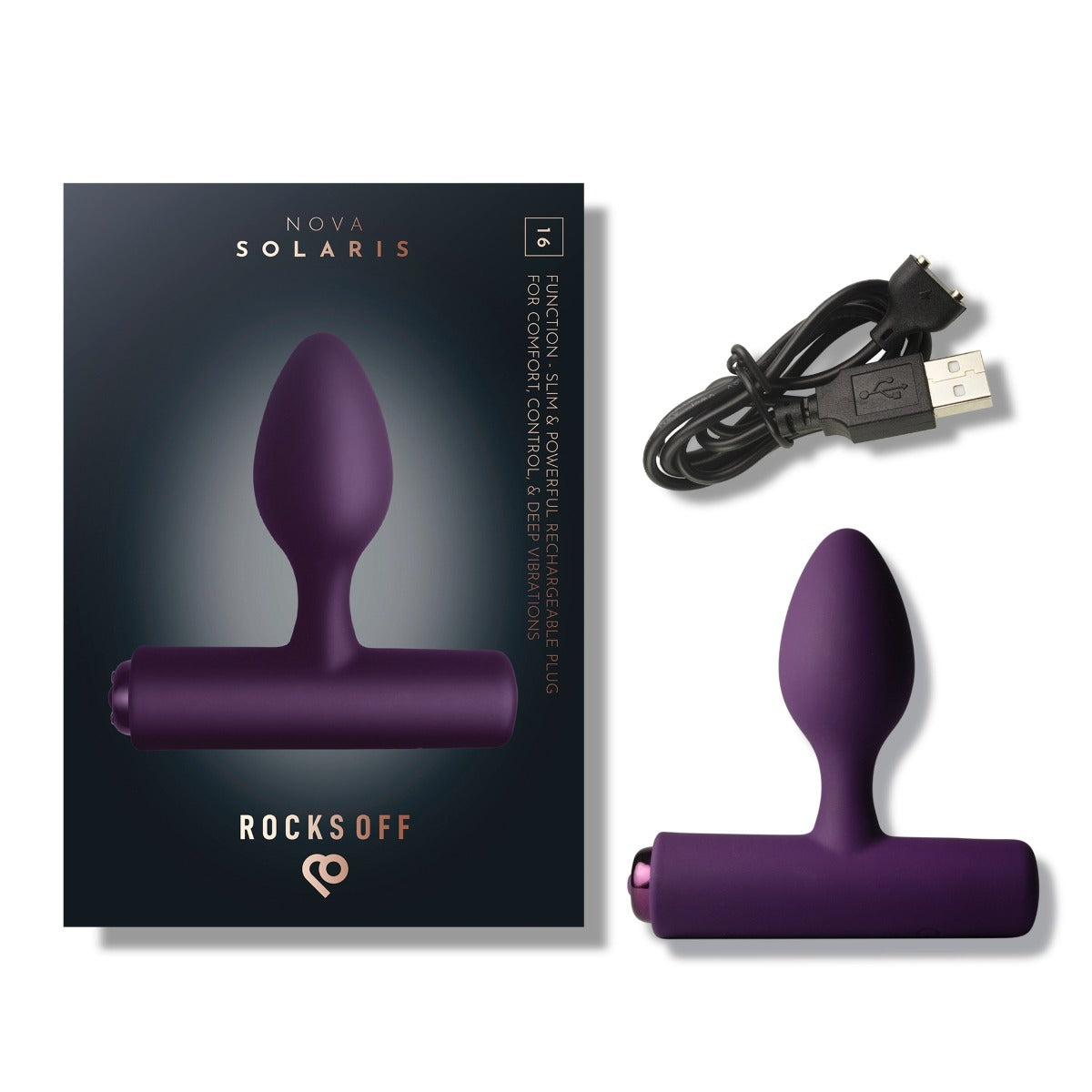 Rocks Off Solaris Rechargeable Plug Purple packaging contents