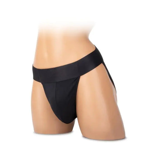 Whipsmart Soft Packing Jock Strap black worn front view elastic waistband open back