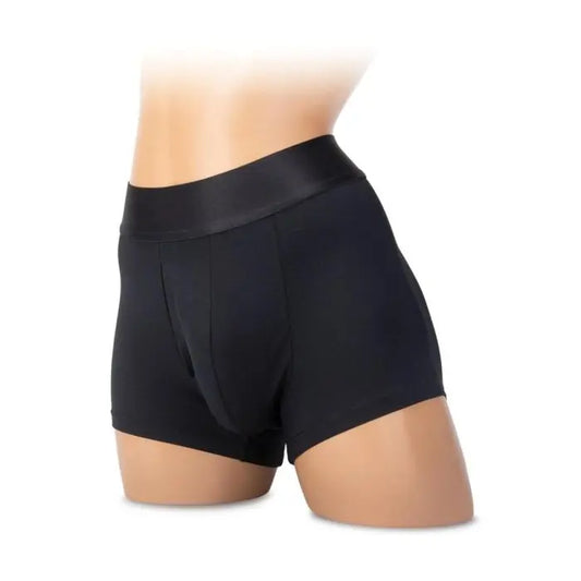 Whipsmart Soft Packing Boxer black worn side view elastic waistband longer boxer cut